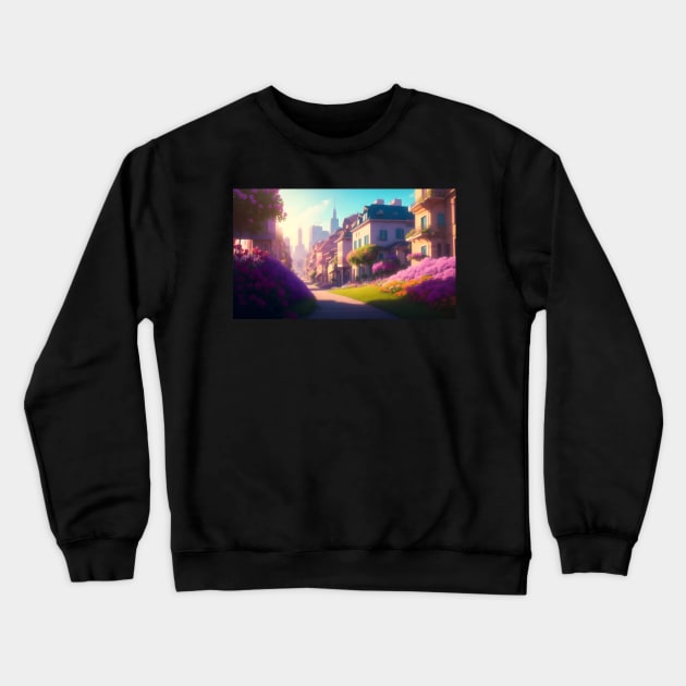 City street with beautiful flowers Crewneck Sweatshirt by WODEXZ